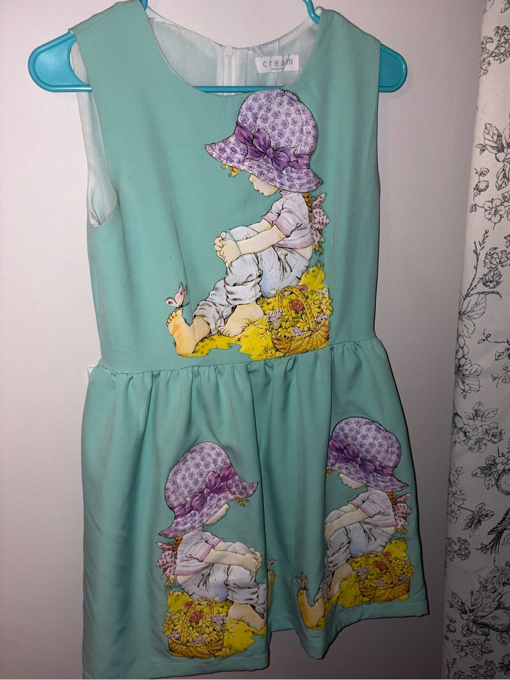 Cream' Mint Green Dress with Purple Sunhat Print